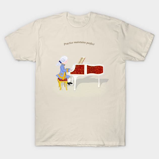 Practice Maintains Perfect Young Mozart Play the Piano T-Shirt by Mozartini